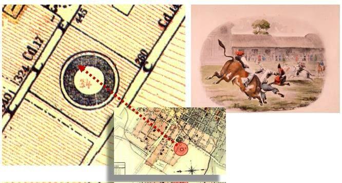 Localización Circo de Toros. Fuente: Carlos Clavijo, AGN SMP3, 145; Ramon Torres, 1860, Banco de la república